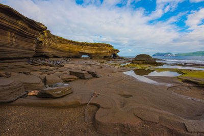Rock formations on shore against cloudy sky