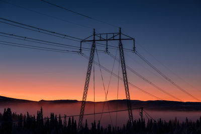 Silhouette electricity pylon against sky during sunset