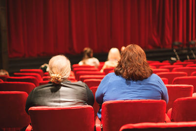 Rear view of friends sitting in stage theater