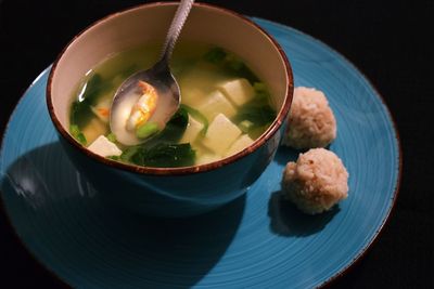 High angle view of soup in bowl