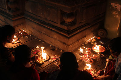 Dev deepawali, close-up of illuminated candles