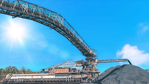 Low angle view of crane against sky