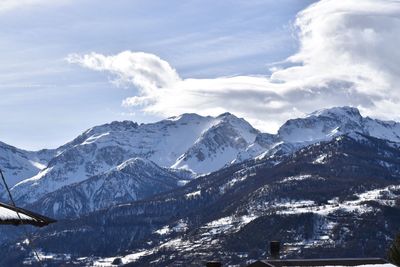 Scenic view of snowcapped mountains against sky