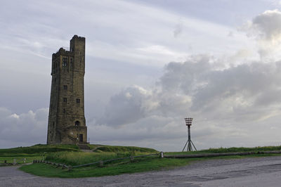 Built structure on landscape against sky