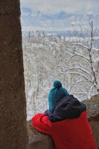 Rear view of person with peacock in snow