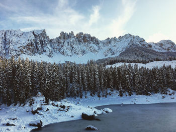 Scenic view of snow covered mountains against sky