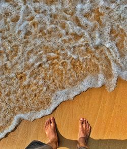 Low section of man standing on shore at beach