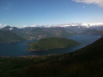 Scenic view of lake and mountains against sky