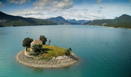 High angle view of lake against sky