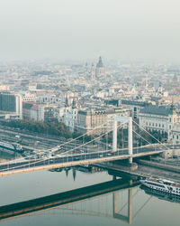 Aerial view of bridge over river and buildings in city