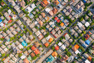 High angle view of residential buildings in city