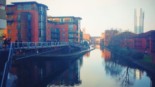 Bridge over river with buildings in background