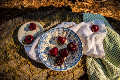 High angle view of breakfast served on table