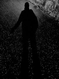 High angle view of silhouette person standing on street at night
