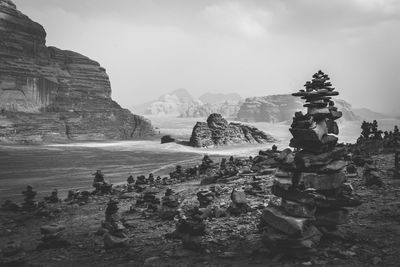 The desert of wadi rum in black and white