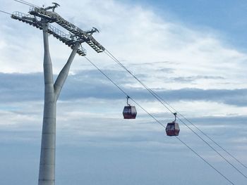 Low angle view of overhead cable car against sky