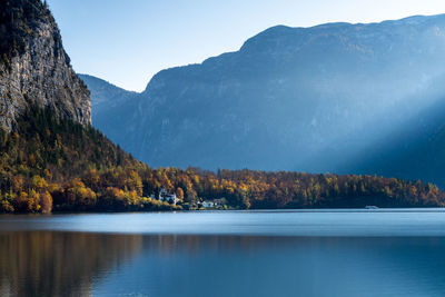 Scenic view of lake and mountains against sky