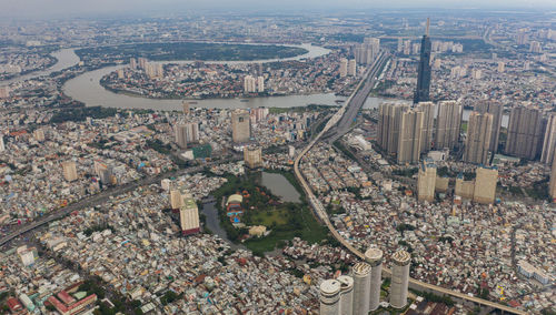 High angle view of modern buildings in city