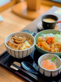 High angle view of food in plate on table