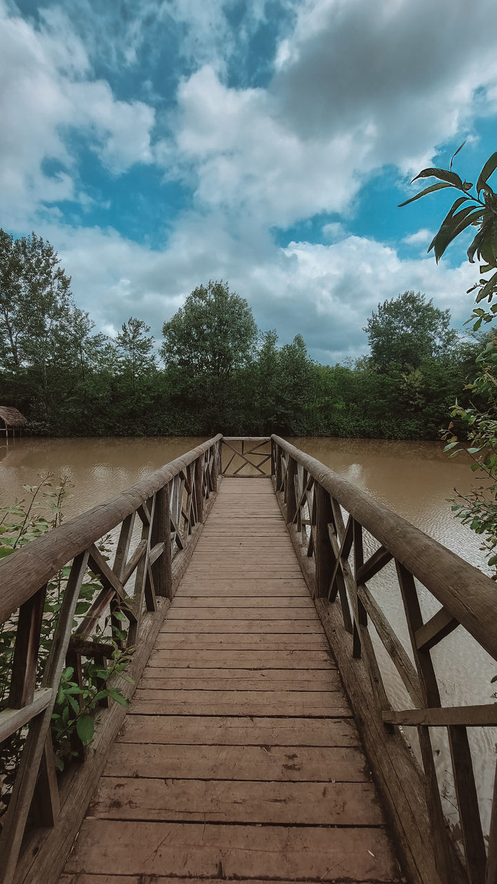 cloud, sky, tree, plant, nature, bridge, wood, the way forward, architecture, water, railing, footpath, land, walkway, no people, footbridge, boardwalk, built structure, beauty in nature, environment, scenics - nature, tranquility, outdoors, landscape, forest, travel destinations, day, tranquil scene, diminishing perspective, non-urban scene, sunlight, tropical climate, travel