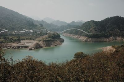 Scenic view of river and mountains against sky