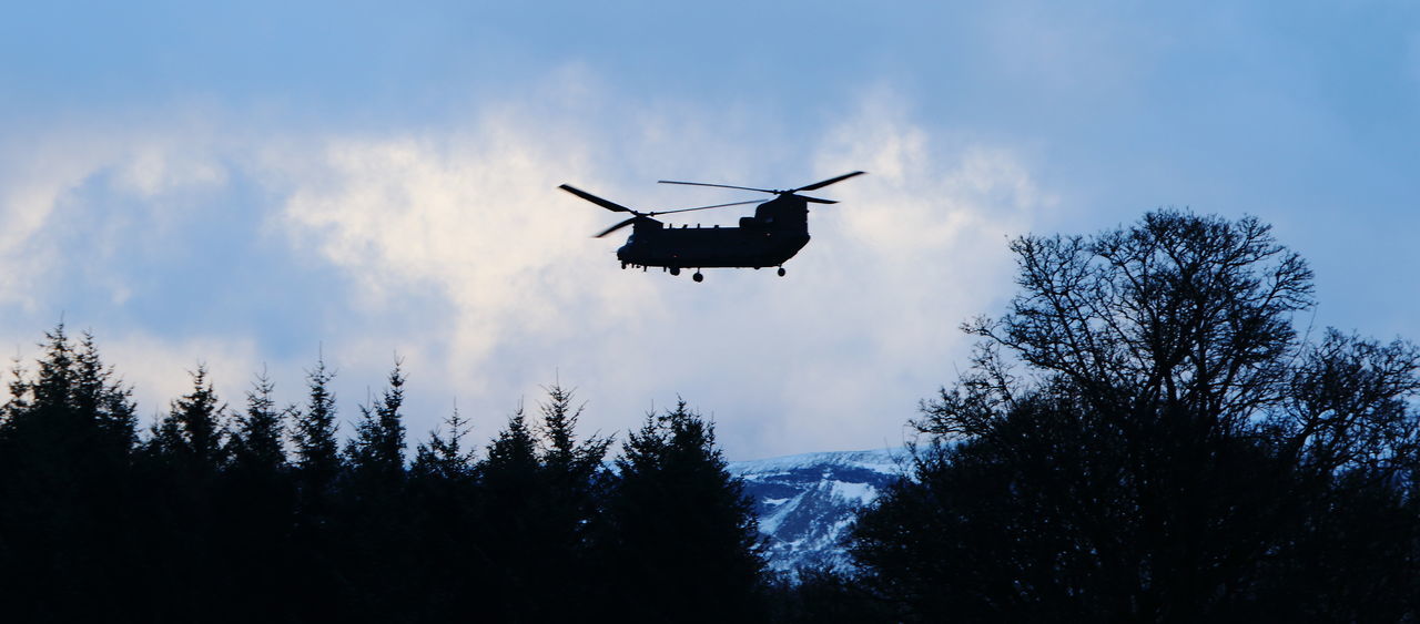 LOW ANGLE VIEW OF SILHOUETTE HELICOPTER FLYING AGAINST SKY