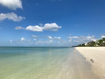 Scenic view of beach against blue sky