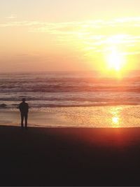 Silhouette man standing on beach against sky during sunset