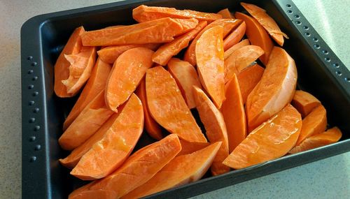 High angle view of orange food on table