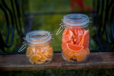 Close-up of drink in glass jar on table