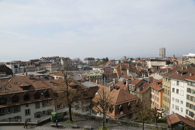 High angle shot of townscape against sky