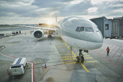 Germany, hesse, frankfurt, commercial airplane waiting on airport tarmac