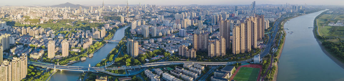 High angle view of buildings in city