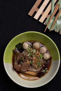 High angle view of meal served on table