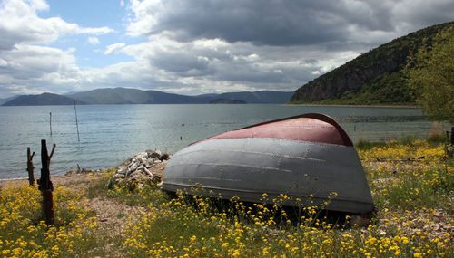 Scenic view of lake against cloudy sky