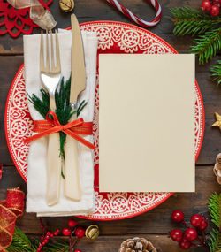 Directly above shot of christmas decorations on table