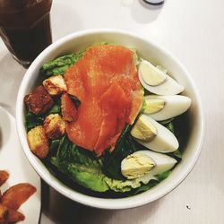 High angle view of salmon in bowl on table