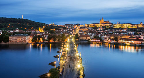 Illuminated bridge over river by city against sky at dusk