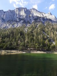 Scenic view of lake by mountains against sky