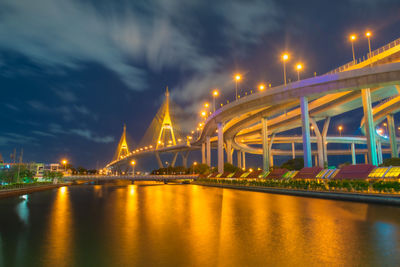 Illuminated bridge over river against sky in city at night