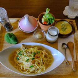 High angle view of food served on table