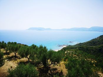 High angle view of bay against clear sky