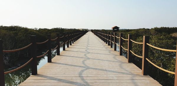 Empty wooden footbridge along plants