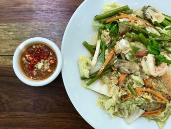 High angle view of food in plate on table