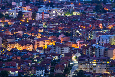 High angle view of illuminated cityscape