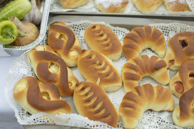 Delicious pies. flour food. oven buns. sweet treat on street.