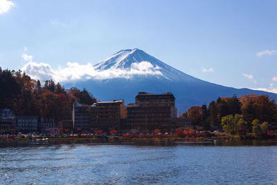 Scenic view of lake by snowcapped mountain against sky