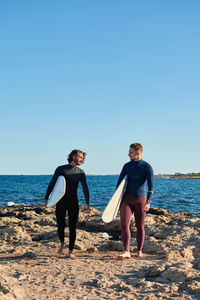 Full length of friends on beach against clear sky