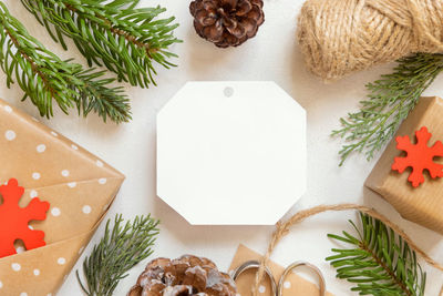 High angle view of christmas decorations on table