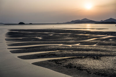 Scenic view of beach against sky during sunset